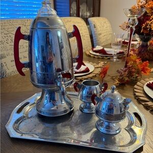 Beautiful Vintage Coffee Set with Tray, Red Accents